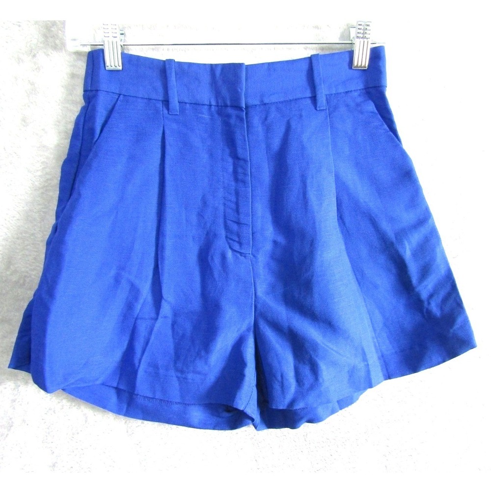 HM Womens Royal Blue Linen Blend Pleated High Waist Shorts Size 4